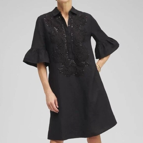 Chico’s 100% linen Lace Appliqué sequin pockets black dress women’s 16 - Picture 2 of 12
